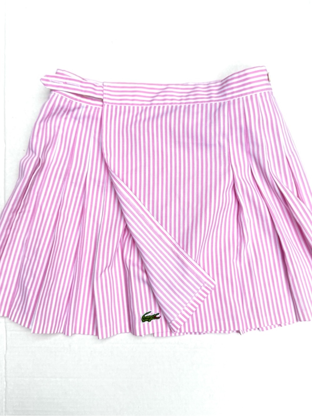Lacoste Pink and White Striped Pleated Skirt with Green Crocodile Logo